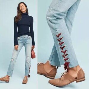 Anthropologie Pilcro Slim Straight Jeans Size 27 Raw Hem Velvet Lace Up Denim